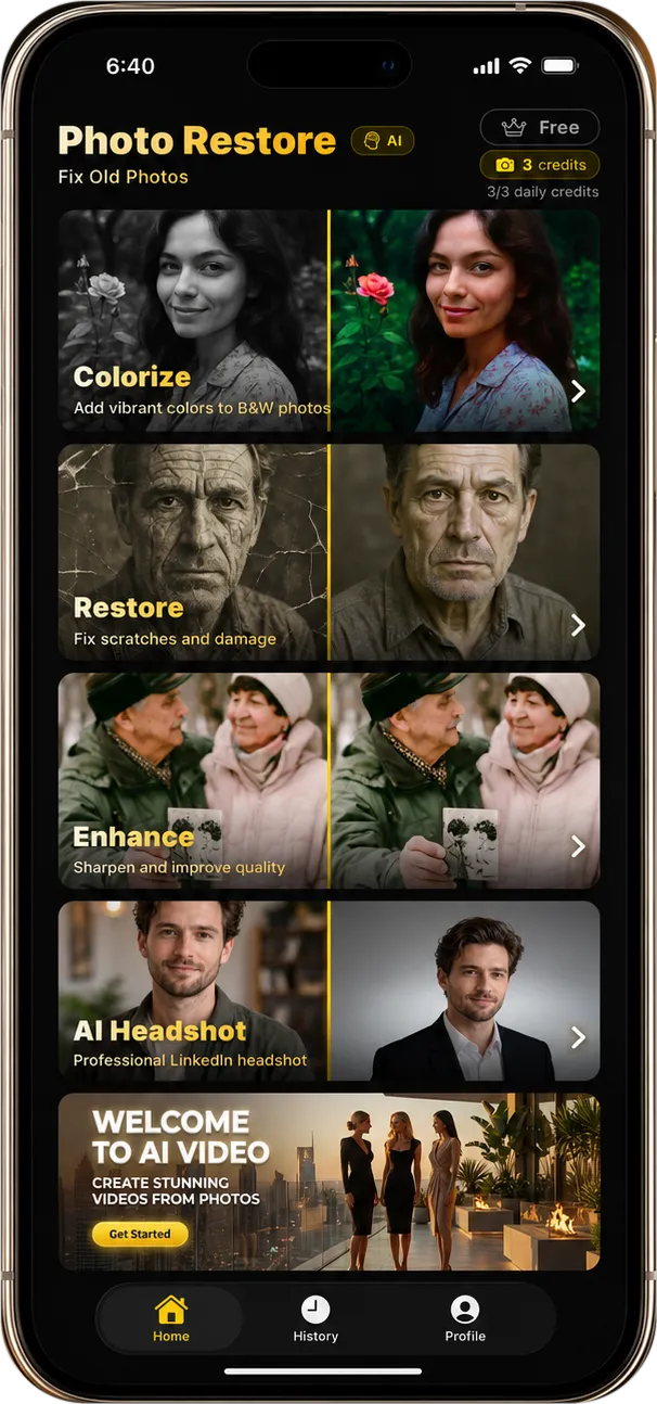 The Photo Restore app home screen: Colorize, Restore, Enhance and AI Headshot, each with a before and after example, plus a link to the AI Video app